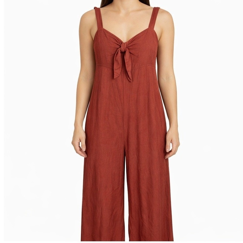 Express Jumpsuit Women XS Terracotta Linen Blend Tie Front Wide Leg Boho